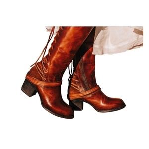Freebird Coal Boots Women 6 Brown Cognac Lace Wrap Leather Tall Riding Boho-RARE